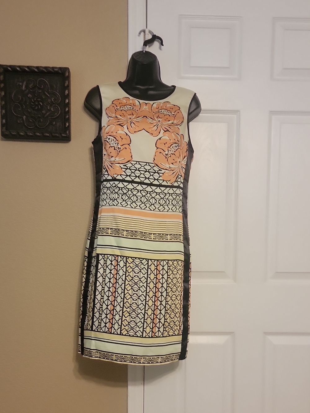Under Skies Cream Dress with Peach Floral & Black Panels